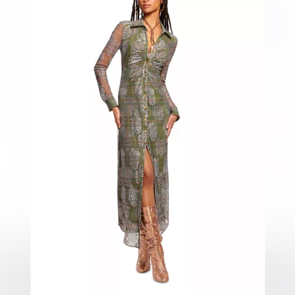 Ramy Brook Wyatt Midi Dress Green Printed Long Sleeve Button Front NWT Sz S